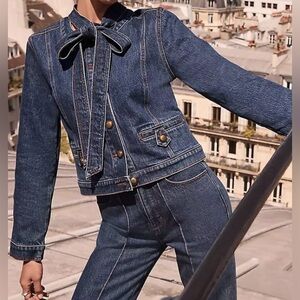 LOFT Blue Jean Jacket with Bow Detail hardware gold details sz LO NWT excellent